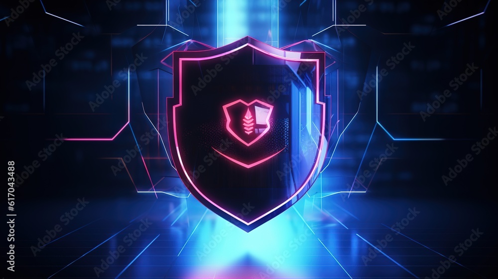 Fototapeta premium Neon cyber security shield. Security and privacy mechanism. AI generation