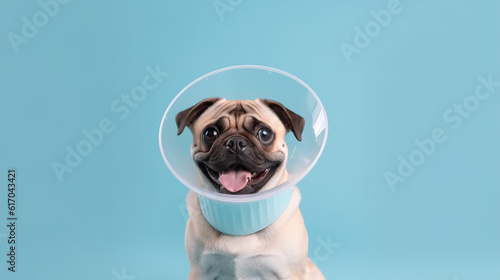 dog pug  sitting with vet Elizabethan collar on the gray floor. On blue background. AI generation photo