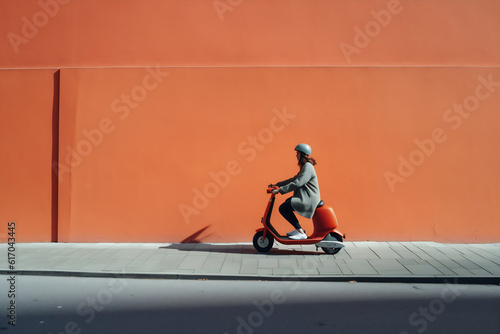 Full-length body size side profile photo of a cheerful girl riding scooter on vibrant color background Generative AI
