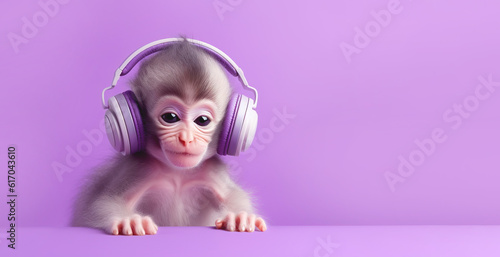 A cute monkey with headphones listens to music on a purple background. Banner, copy space. AI generation