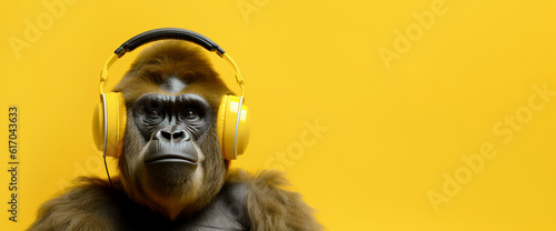 Gorilla in headphones listens to music on a yellow background. Banner, copy space. AI generation