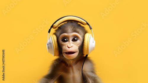 A little monkey in headphones listens to music on a yellow background. Banner, copy space. AI generation photo