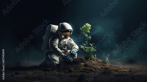 Astronaut planting a tree on planet mars. AI generation