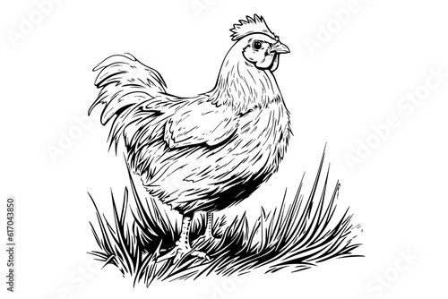Chicken or hen drawn in vintage engraving  style vector illustration