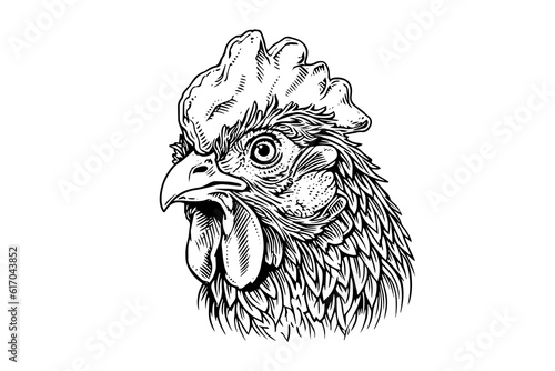 Chicken or hen head drawn in vintage engraving  style vector illustration
