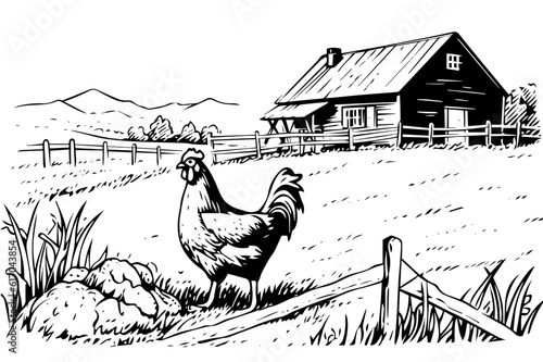 Chickens in farm  sketch. Rural landscape in vintage engraving style vector illustration