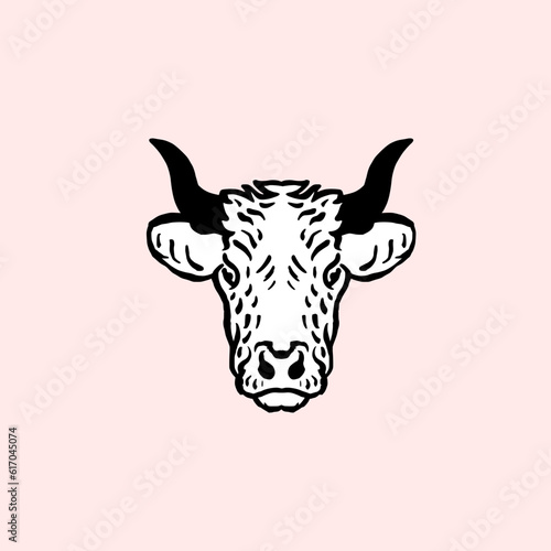 Cow Head Hand Draw Logo Design Vector Illustration
