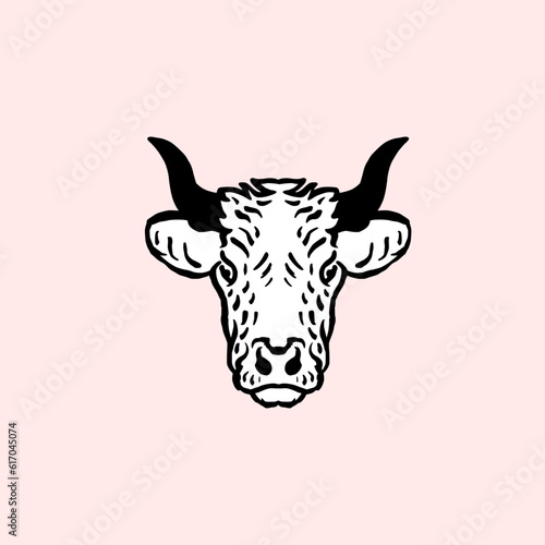 Cow Head Hand Draw Logo Design Vector Illustration