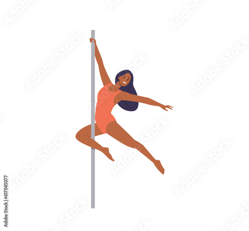Beautiful aerial gymnast young woman character performing dance on metal pole vector illustration