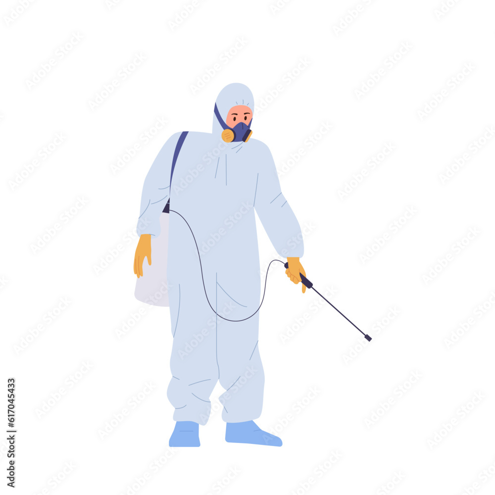 Man worker character wearing hazmat overalls of disinfection spraying toxic poison against pests