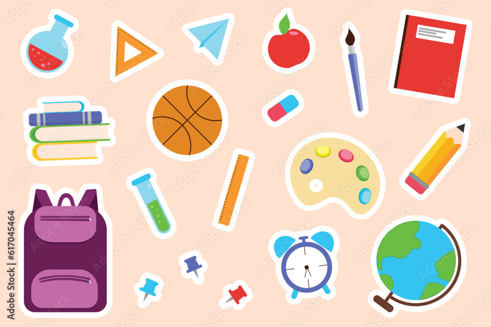 Set of stickers with school supplies, stationery, backpack. Back to school sticker pack. Vector isolated elements