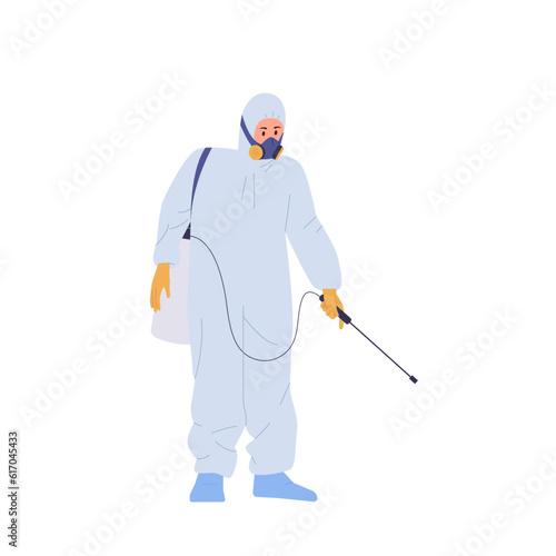 Man worker character wearing hazmat overalls of disinfection spraying toxic poison against pests