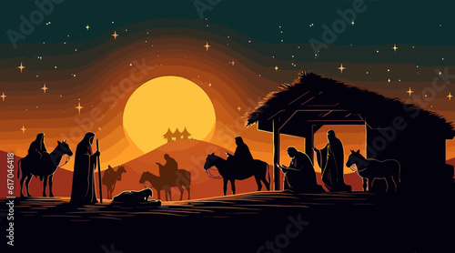 Biblical story of Christmas flat cartoon background. Vector illustration