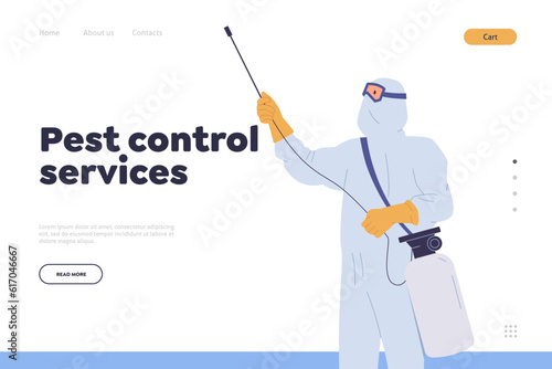 Pest control service landing page template with man in protective overalls using sanitary tools