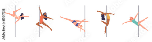 Beautiful flexible slim woman pole dancer training, exercising, making tricks, performing on pylon