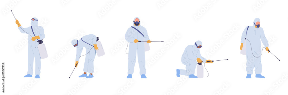 People cartoon insectologist disinfector worker character set using equipment for home disinfection