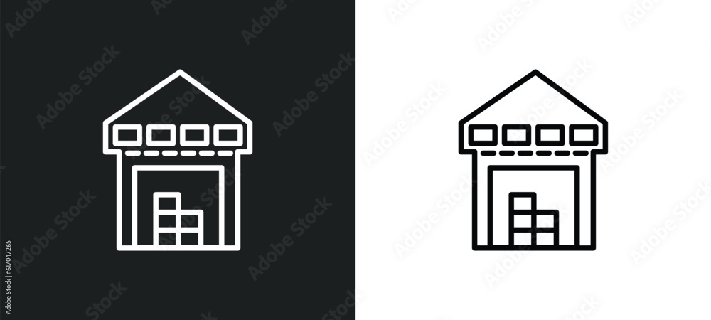 warehouse line icon in white and black colors. warehouse flat vector icon from warehouse collection for web, mobile apps and ui.