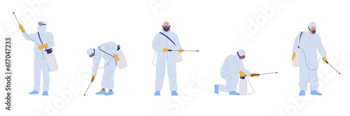 People cartoon insectologist disinfector worker character set using equipment for home disinfection photo