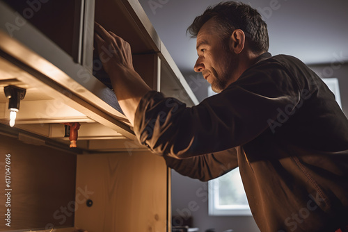 Technician servicing kitchen devices, fixing problems photo