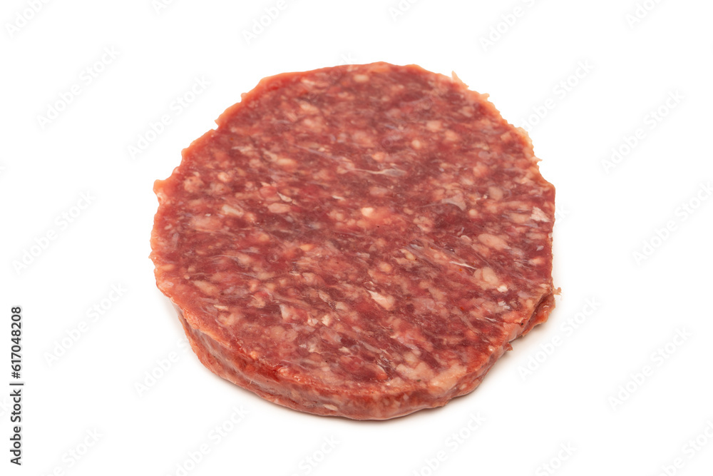 Raw minced beef isolated on white background.