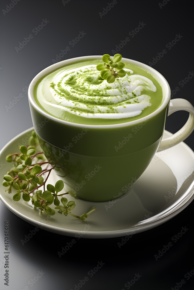 a close-up of a warm drink made of japanese green tea matcha powder and whipped cream milk - matcha latte, in white coffee cup. Generative AI technology a close-up of a warm drink made of japanese green tea matcha powder and whipped cream milk - matcha latte, in white coffee cup. Generative AI technology