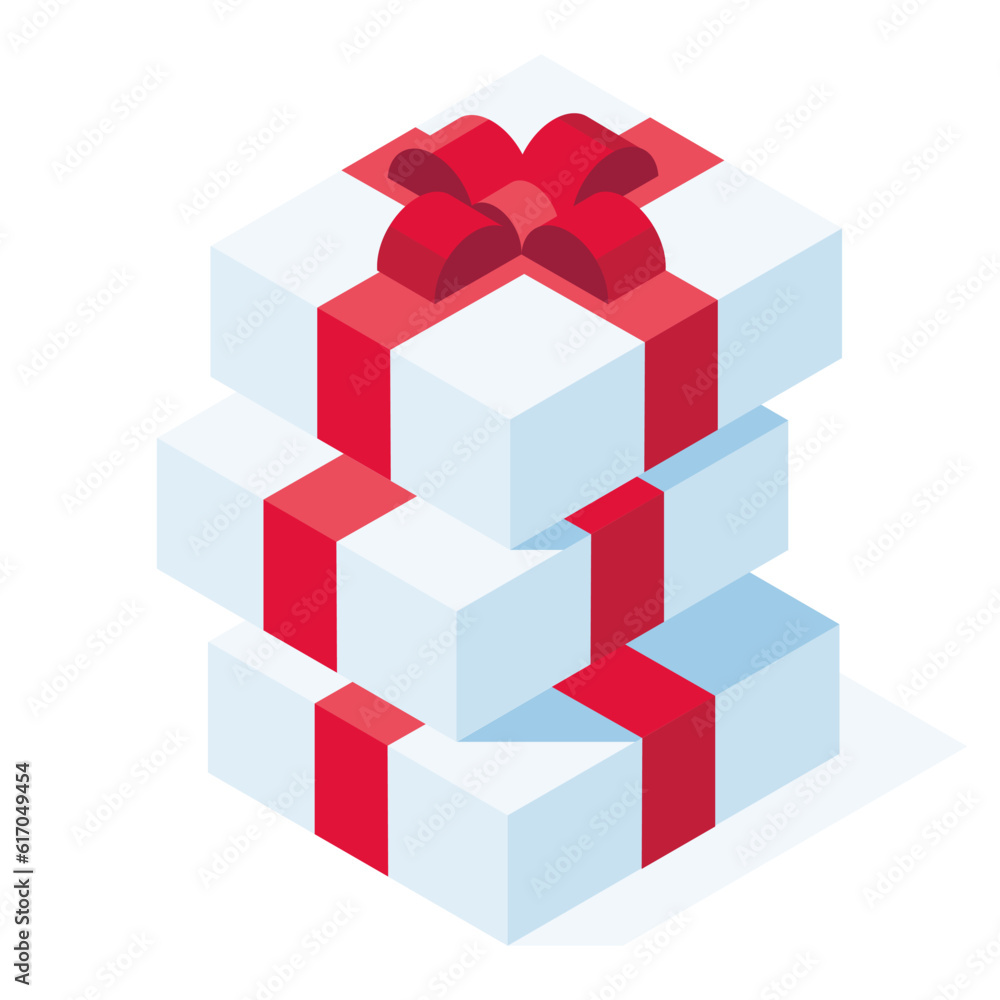 Isometric gift boxes. Holiday cardboard boxes stack, carton box with red bow isolated 3d vector illustration