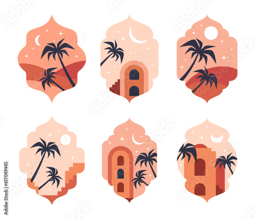 Arabic mosque windows. Oriental arch frames, winding shapes with palm trees and night sky flat vector illustration set