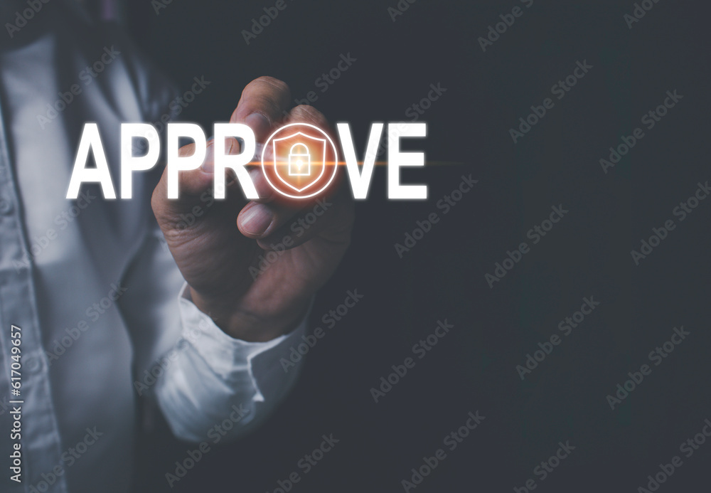 Businessman touching icon with pen, signing process to approve work in any aspect. Approval concept. Businessman touching icon with pen, signing process to approve work in any aspect. Approval concept.