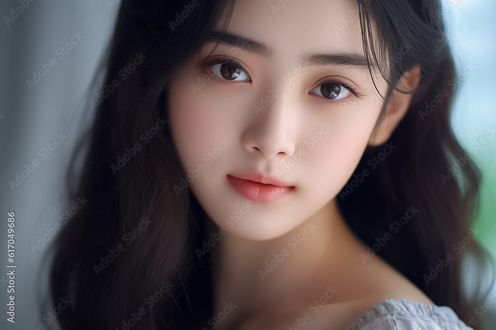 A hyper-realistic close-up of a beautiful Asian woman mesmerizes, her smooth skin radiating under the studio light against a pristine blur background. Generative AI. A hyper-realistic close-up of a beautiful Asian woman mesmerizes, her smooth skin radiating under the studio light against a pristine blur background. Generative AI.