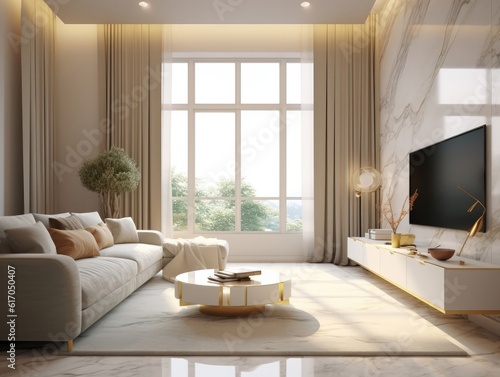luxury living room in the style of white and gold with a TV on the cabinet  a sofa  and an expansive window. Generative AI