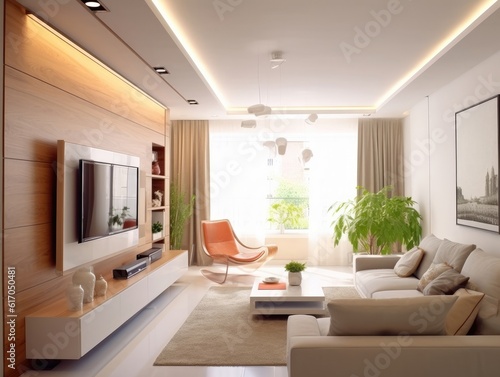 Television on the wall at the center of a modern living room in the style of white and light brown, carpet on a marble floor, and a large window. Generative AI