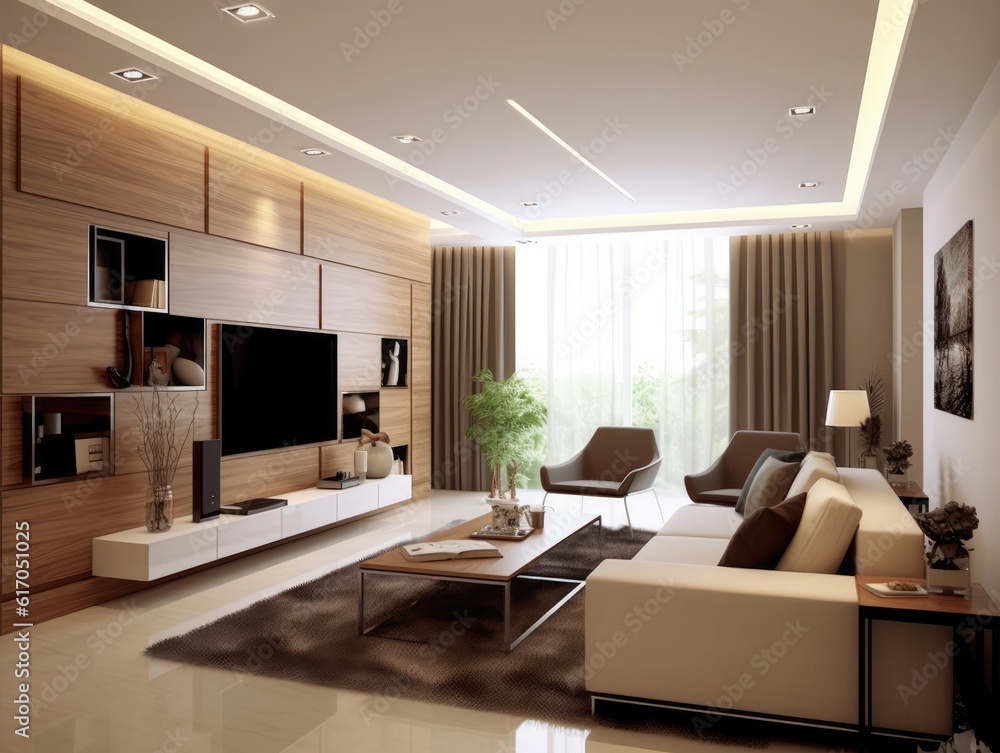 Fototapeta premium A living room with a wall-mounted TV in the center of the picture, in the style of light brown and beige. Generative AI