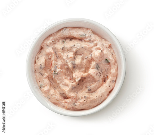 Seafood dip with shrimp, lobster and salmon isolated on white background photo