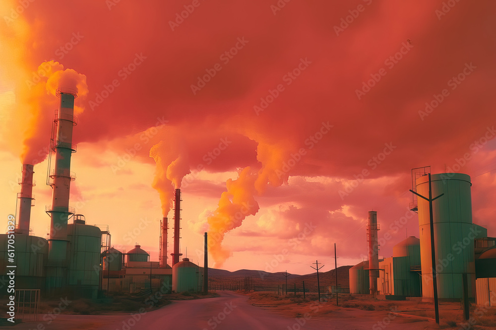 a large factory with smoke coming out of it's stacks and a dirt road in front of it