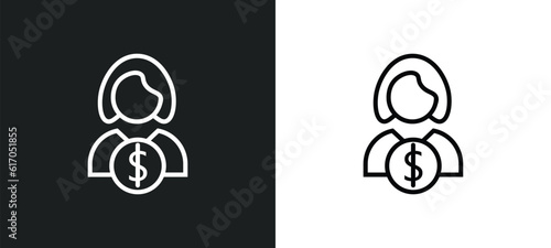 woman holding big coin line icon in white and black colors. woman holding big coin flat vector icon from woman holding big coin collection for web, mobile apps and ui.