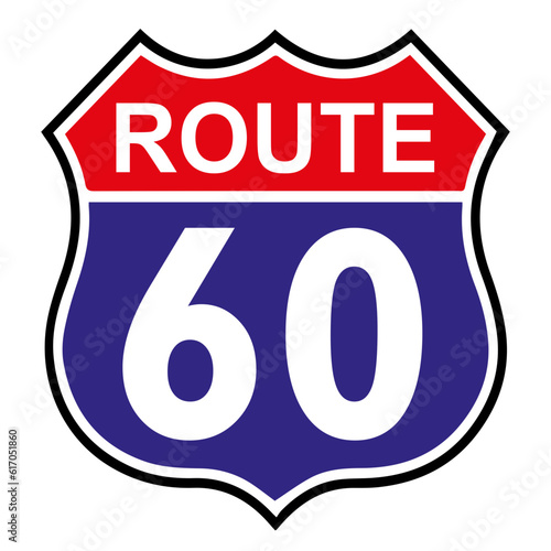 US route 60 sign, shield sign with route number and text, vector illustration. Graphic image on a white background.