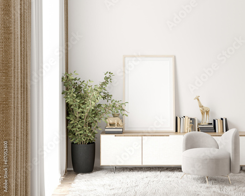 An elegant cream-colored living room adorned with a wooden poster frame, low window cabinet, wooden vase, and a cozy sofa chair. Discover the perfect blend of style and comfort. 3d render