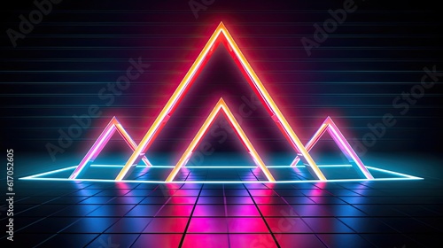 A neon light stage adorned with shimmering diamond-shaped prisms, refracting colorful beams of light throughout the space. Abstract futuristic neon light background. Generative AI