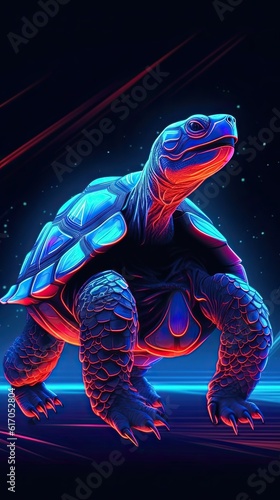 Neon light Tortoise animal on black background. Portrait of glow light animal. Generative AI