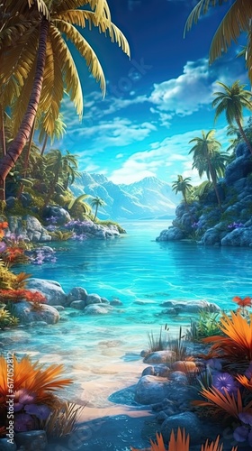 A tropical paradise beach with turquoise waters and palm trees swaying in the breeze. Colorful illustration art. Generative AI