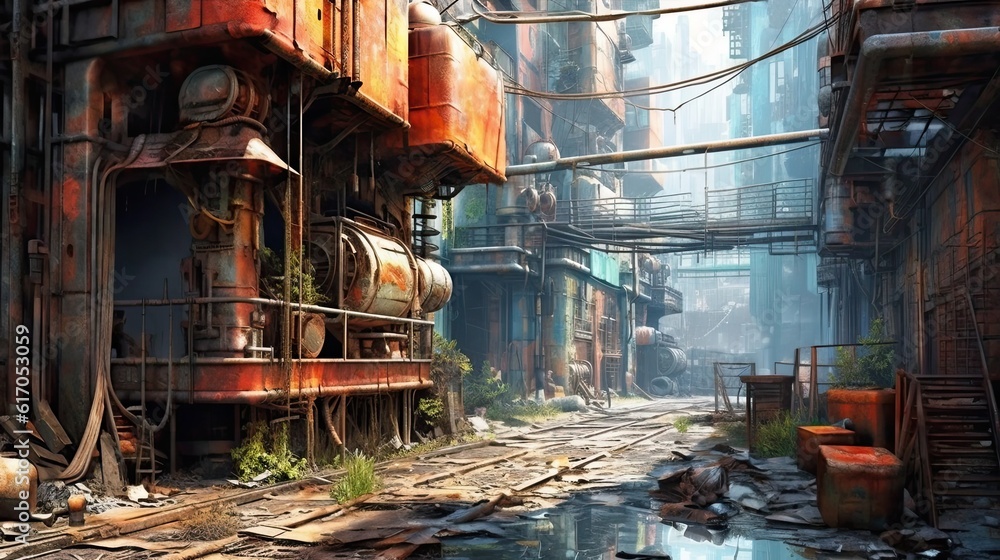 An abstract industrial landscape with metallic structures and gritty textures, conveying a sense of urban decay and resilience. Colorful illustration art. Generative AI