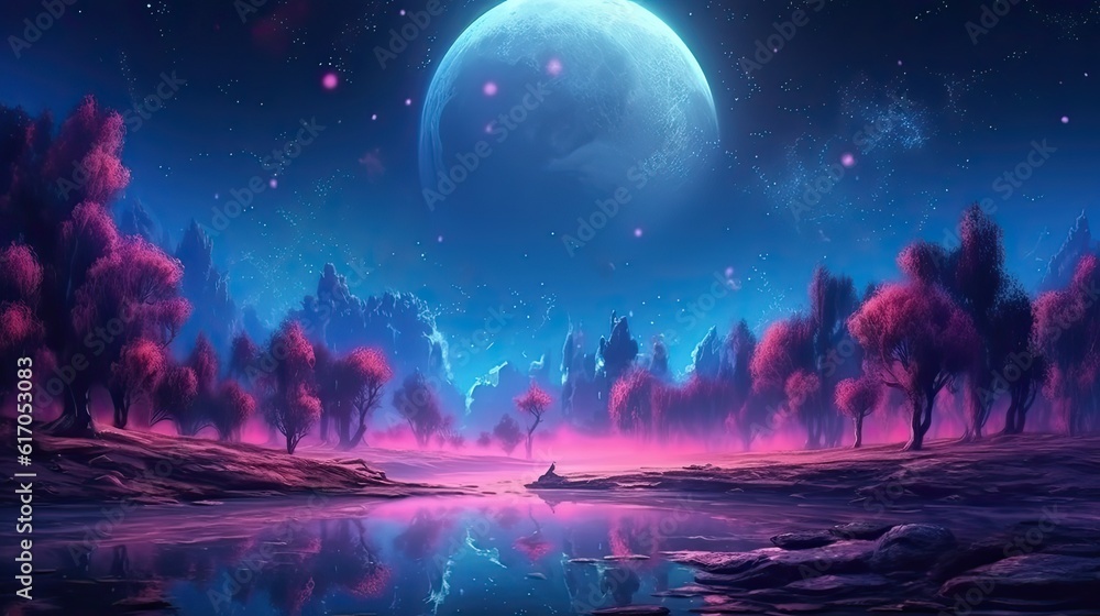 A celestial night sky with a full moon and shimmering stars illuminating the darkness. Colorful illustration art. Generative AI A celestial night sky with a full moon and shimmering stars illuminating the darkness. Colorful illustration art. Generative AI
