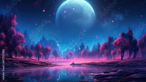 A celestial night sky with a full moon and shimmering stars illuminating the darkness. Colorful illustration art. Generative AI