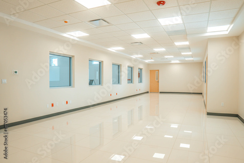 Blur image background of corridor in hospital or clinic image, Generative render, door, hermoso interior de animation, White, yellow, blue open space office interior with blank wall, Mock up