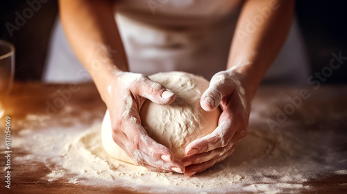 Woman hands that knead dough, bright light, professional color grading, soft shadows photo