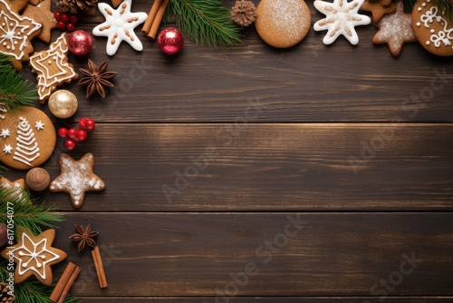 New year top view flat lay cookies on wooden background. AI Generative