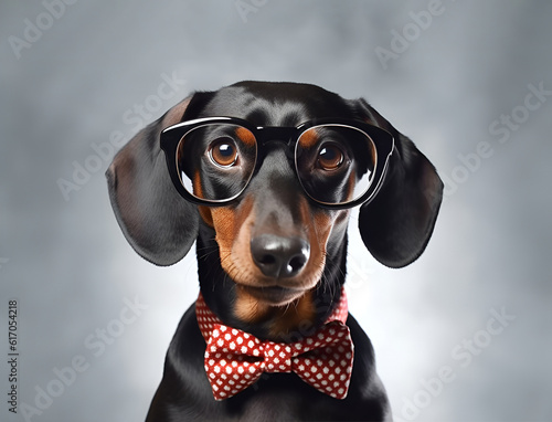 Dachshund dog with round glasses and bow tie on green background looks camera.