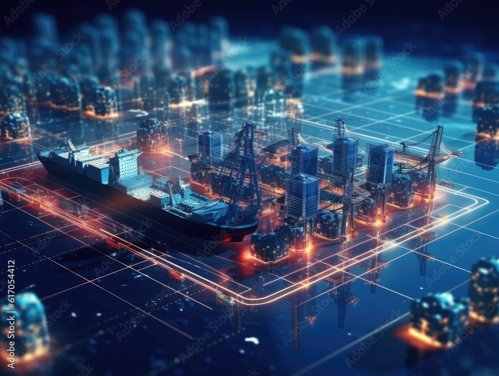 Smart Logistics and Warehouse Technology Concept, Container Cargo Freight Ships Exemplify Global Business Logistics. Generative AI Smart Logistics and Warehouse Technology Concept, Container Cargo Freight Ships Exemplify Global Business Logistics. Generative AI