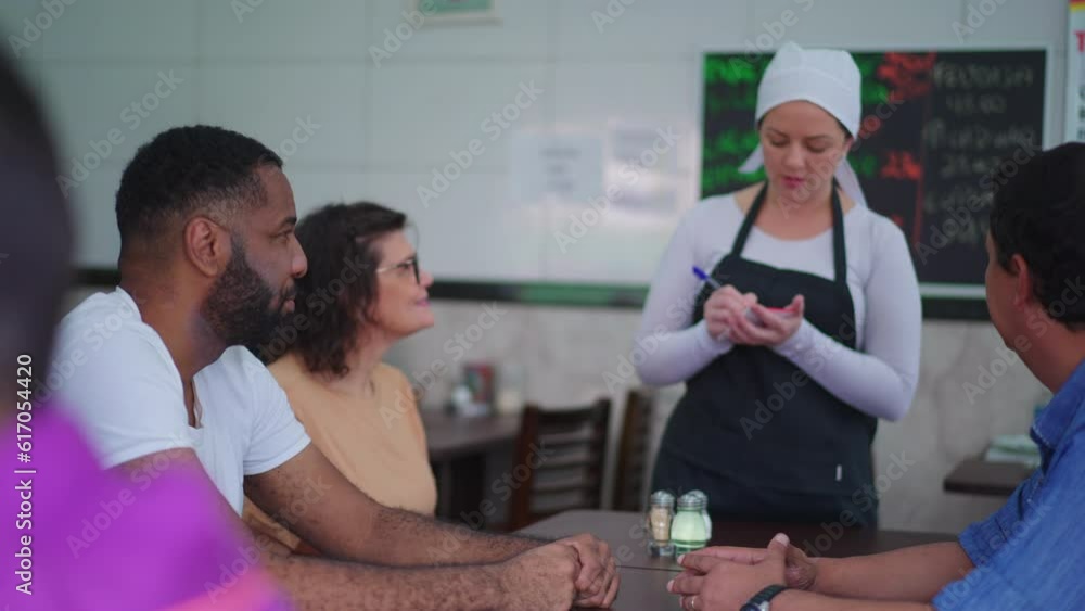 Restaurant Scene with Customers Ordering and Waitress Taking Notes in Notepad Restaurant Scene with Customers Ordering and Waitress Taking Notes in Notepad
