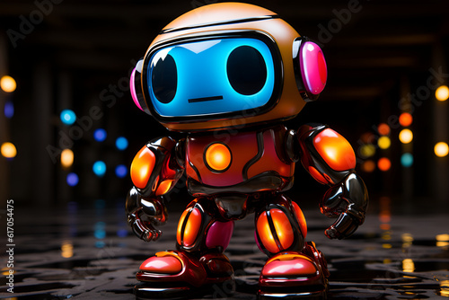colorful, neon, little robot dancing, lights in the background, disco for kids. AI generated
